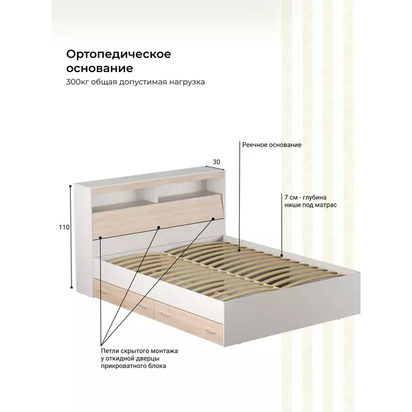 Кровать Виктория MAX 140х200 (белая/сонома), Спальное место: 140х200, Цвет: белый / сонома, изображение 4