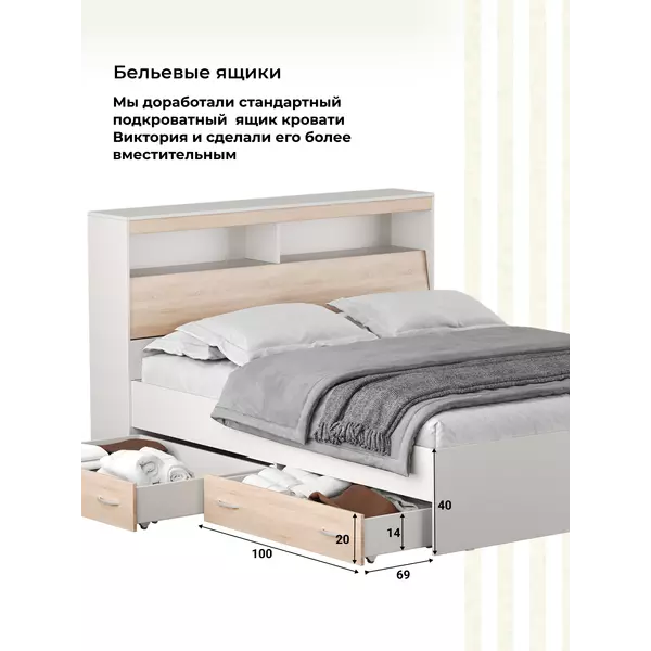 Кровать Виктория MAX 140х200 (белая/сонома), Спальное место: 140х200, Цвет: белый / сонома, изображение 5