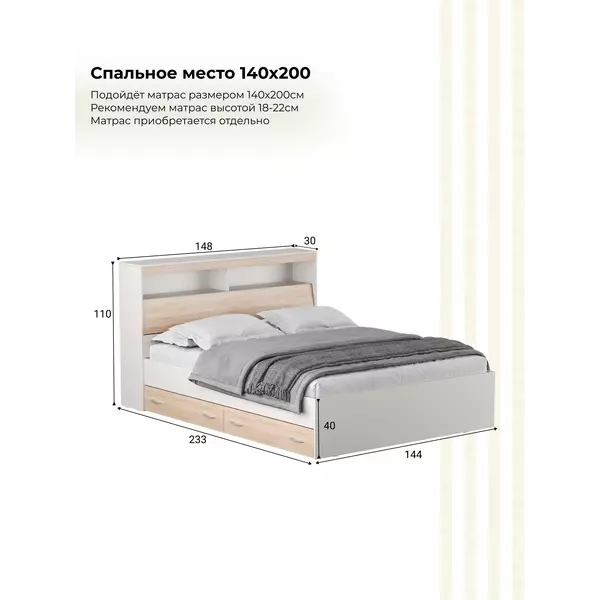 Кровать Виктория MAX 140х200 (белая/сонома), Спальное место: 140х200, Цвет: белый / сонома, изображение 3