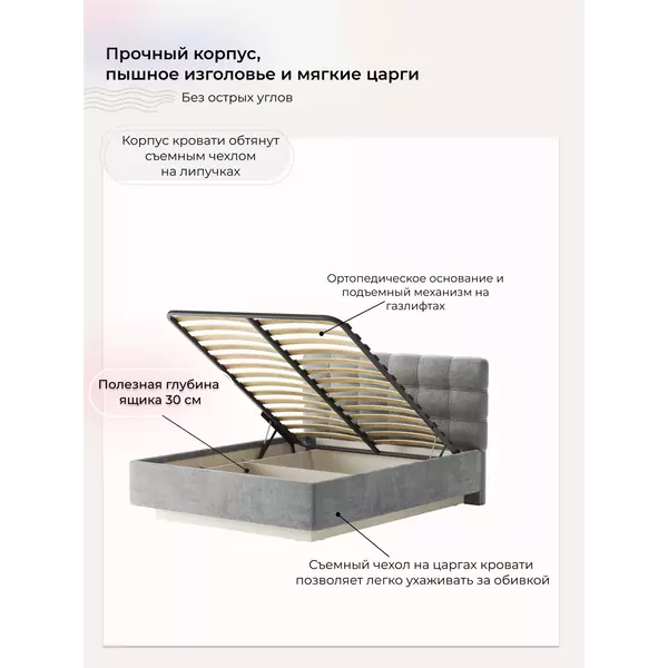 Кровать Prime Soft  160x200 шенилл серый с матрасом Мульти Флекс, Спальное место: 160х200, Тип ткани: шенилл, Цвет ткани: серый, изображение 3