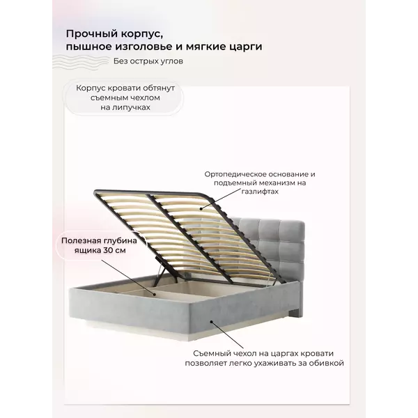 Кровать Prime Soft 140x200 велюр серый с матрасом Мульти Флекс, Спальное место: 140х200, Тип ткани: велюр, Цвет ткани: серый, изображение 4