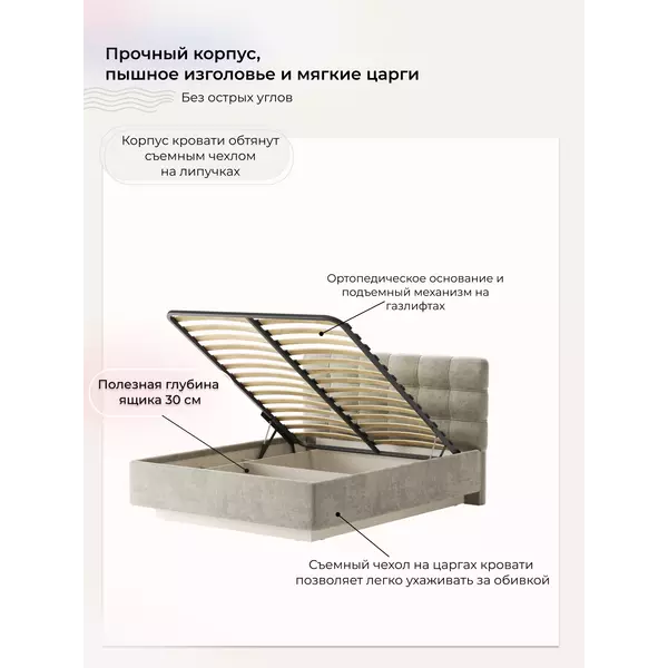 Кровать Prime Soft 180х200 шенилл бежевый, Спальное место: 180х200, Тип ткани: шенилл, Цвет ткани: бежевый, изображение 8